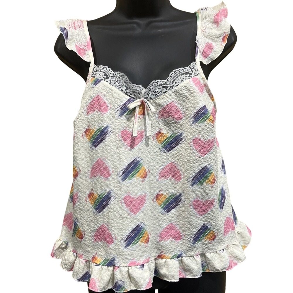 Womens‎ Heart Print Camisole Sz S White Rainbow Seersucker Lace Ruffle Babydoll